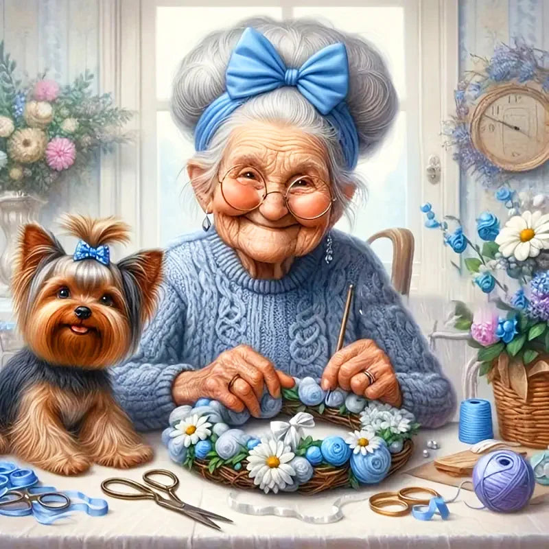 Huacan 5D DIY Diamond Painting Portrait Grandma Kits Full Drill Embroidery Old Lady Rhinestone Pictures Mosaic Animal Home Decor