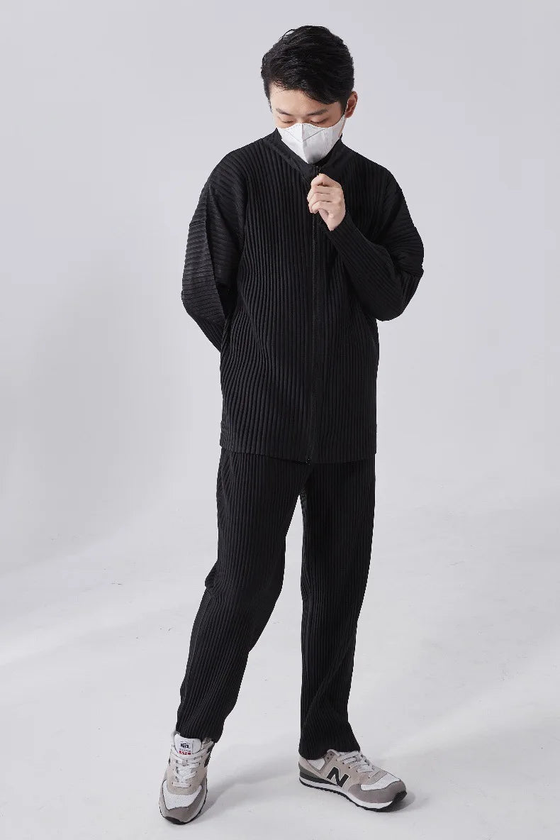 Miyake Men's Pleated Jacket Long Sleeve Standing Collar Fold Jacket Coat High Collar Zip Sweatshirt 2025 Spring Summer New Tops