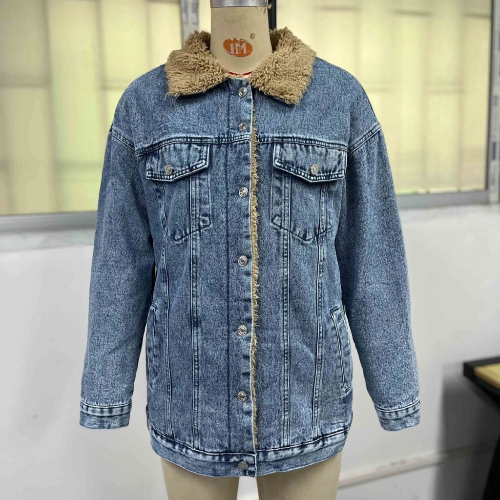 Moto Biker Jeans for Women Quilted Denim Coat Solid Fleece Jacket Turn Down Collar Single Breasted Straight 2025 Autumn Winter