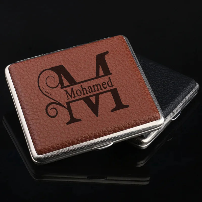 Personalized Name Leather Surface Storage Metal Cigarette Box 20pcs Cigarette Men's Smoking Accessories Waterproof Cigarette Box
