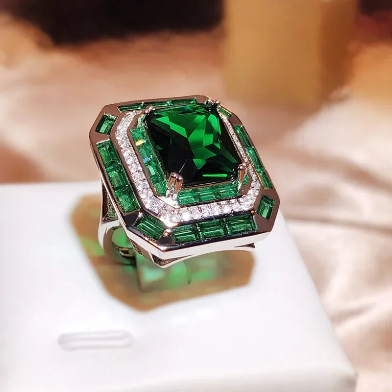 Fashion 925 Sterling Silver Rings for Women Trendy Metal Inlaid Square Princess Emerald Stone Wedding Engagement Jewelry
