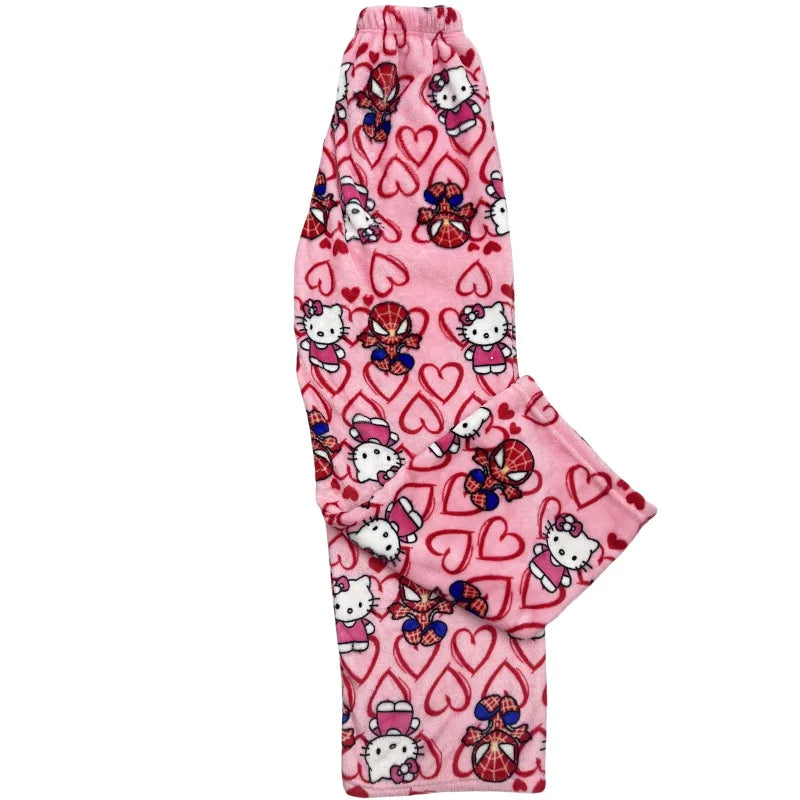 Kitty Spider-man Cotton Velvet Loose Pajamas Pajamas Long Pants Women's And Men's Cartoon Sleeping Casual Wear