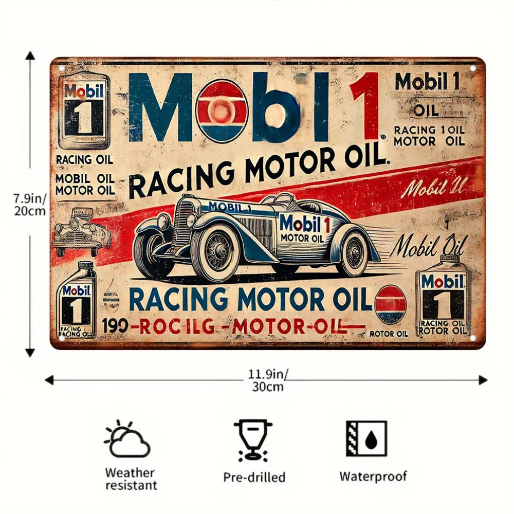 Vintage Mobil 1 Racing Motor Oil Metal Tin Sign, Retro Classic Car Iron Painting Wall Art, Rustic Garage Decorative Plaque for M