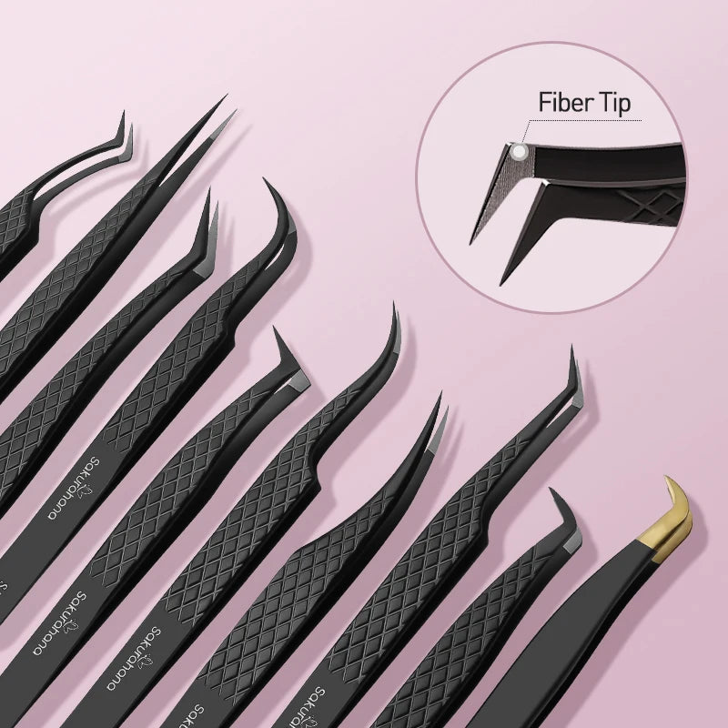 SAKURAHANA Professional Eyelash Tweezers Black Fiber Tip for Lash