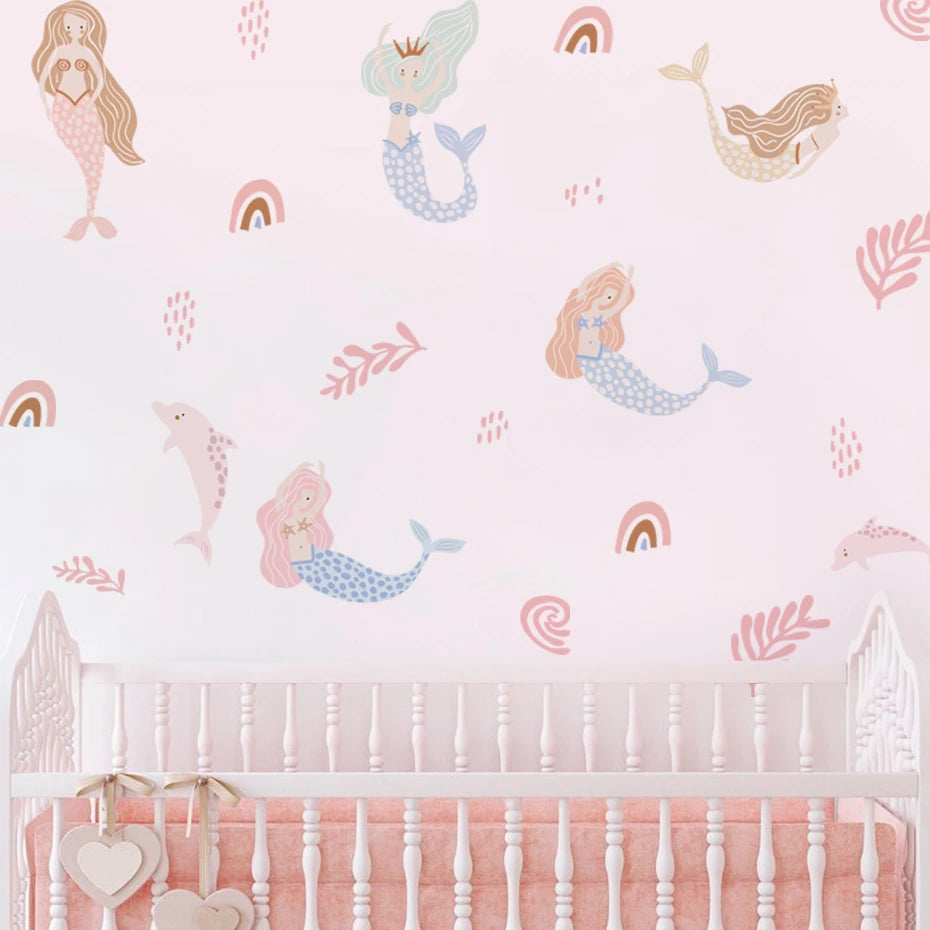 Boho Cartoon Mermaid Seaweed Wall Stickers for Kids Room Bedroom Living Room Home Decoration Wall Decals