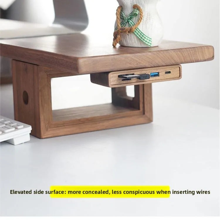 Black Walnut Wood USB Hub Under Desk Organizer Premium Desktop Riser Accessory with 3.0 Ports Multi-Device Charging Station