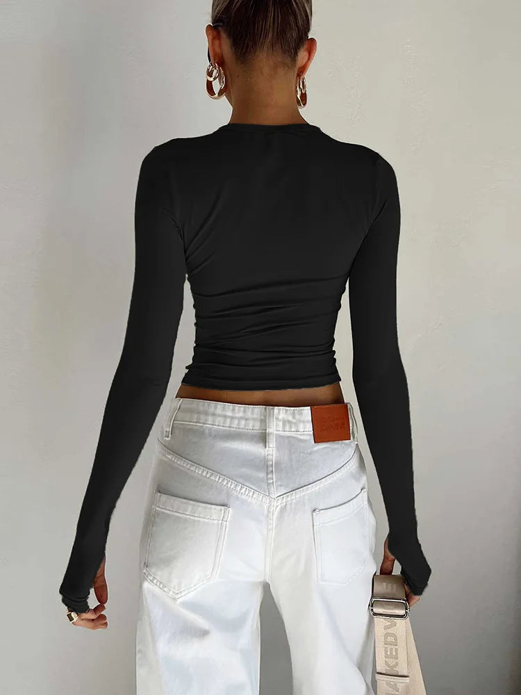Fashion Women T-shirt Long Sleeve Crew Neck Solid Slim