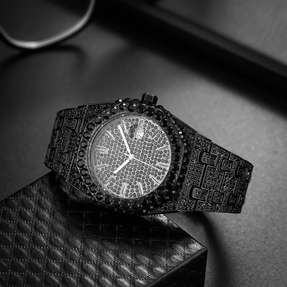 Iced-Out Black Rhinestone Men's Quartz Watch