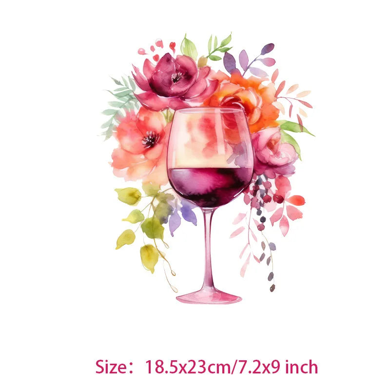 Interesting watercolor wine Glass flower Heat Transfer On Children's clothing dtf transfers ready to press iron on heat transfer