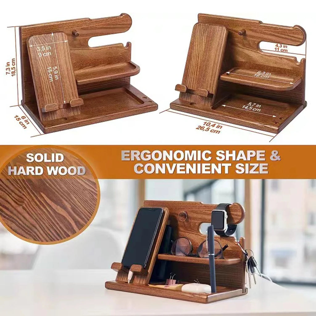 Wood Phone Docking Station Fathers Gift Nightstand Desk Organizer Gifts for Birthday Xmas Gifts Key Holder Wallet Stand