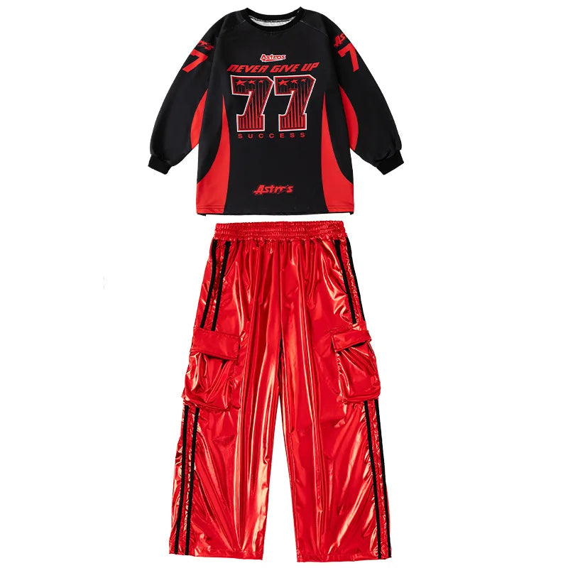Boys Hip Hop Sweatshirt Shiny Vest Street Dance Cargo Pants Girls K-pop Clothes Set Kids Jazz Red Costumes Children Streetwear