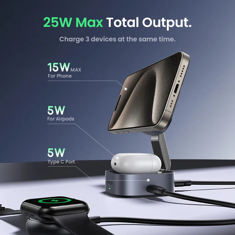 BR Sale UGREEN 15W Magnetic Wireless Charger 2-in-1 Charging Stand For iPhone 16 17 Pro Max/AirPods For Magsafe Fast Charger