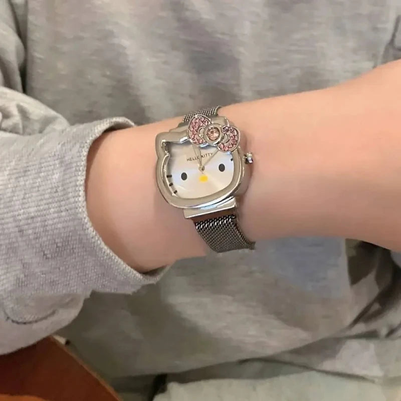 Sanrio Anime Hello Kitty Bow Set Diamond Watch Fashion Quartz Watch Cute Cartoon Magnet Small Dial Watch Girl Birthday Gift