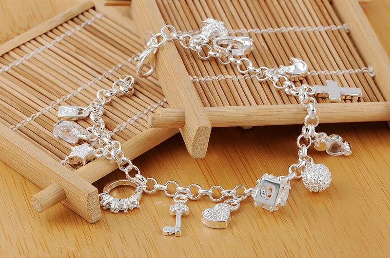 Fashion 925 Sterling Silver Bracelet for Woman Pretty Heart Zircon