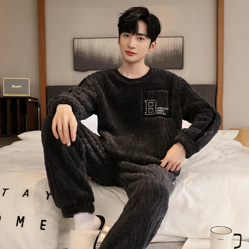 Men's Winter Jacquard Weave Flannel Pajamas Set Coral Fleece Cartoon Sleepwear Homewear Thick Warm Male Suit Fall Sweatshirt 5XL