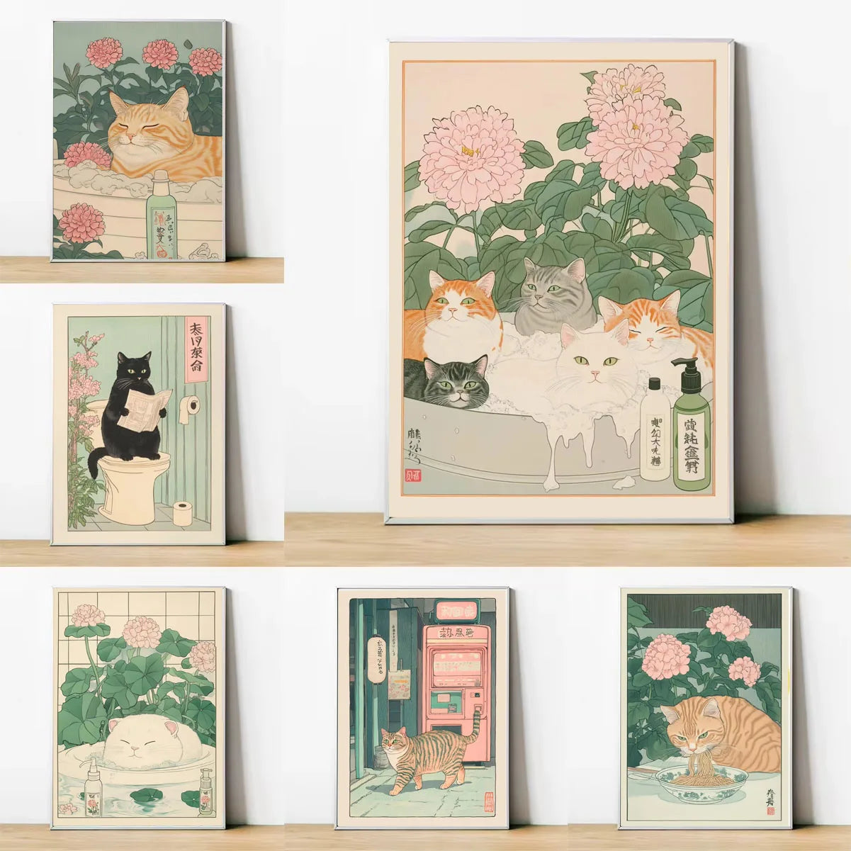 Cat in the Bathtub Japanese Vintage Classic Tiger Cat Wall Art Japanese Bathroom Toilet Poster Home Living Room Bedroom Decor