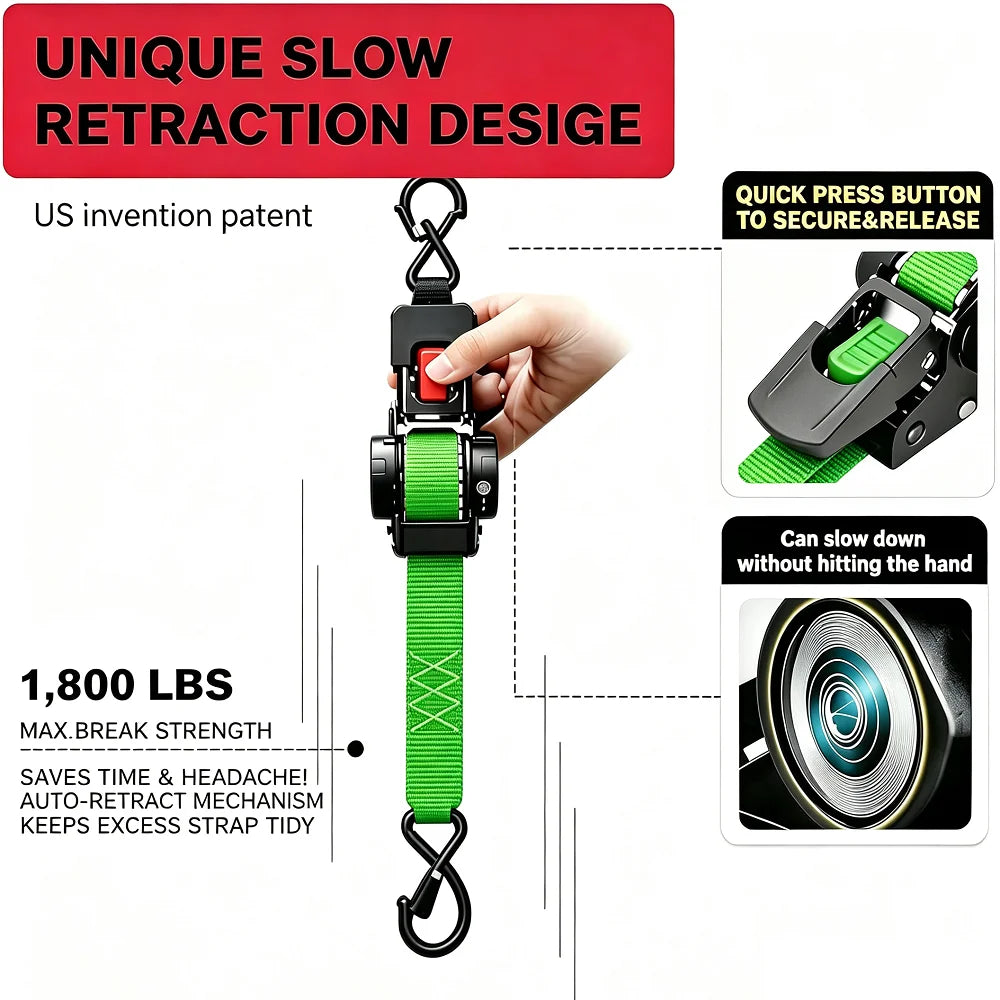 Heavy Duty Retractable Ratchet Strap 1800 LBS 10ft Auto