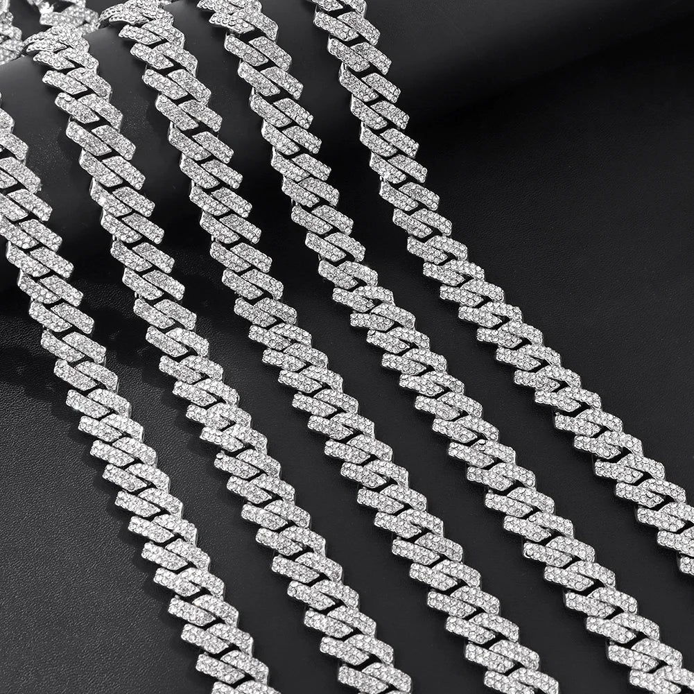 14mm Iced Out  Prong Cuban Link Chain Necklace for Men Women 2 Row Rhinestone Paved Miami Rhombus Hip Hop Jewelry Wholesale