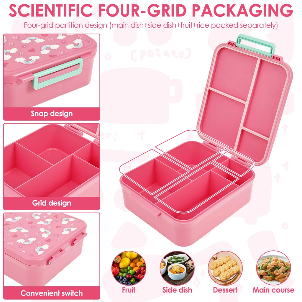 Children and adults outdoor 1700ml large capacity food meal box with four compartments leak proof design and soup can spoon fork