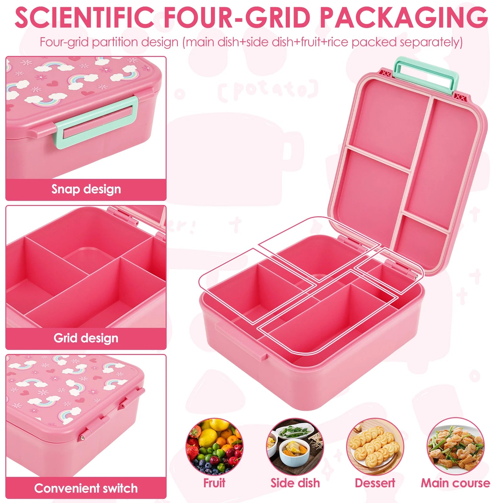 Children and adults outdoor 1700ml large capacity food meal box with four compartments leak proof design and soup can spoon fork