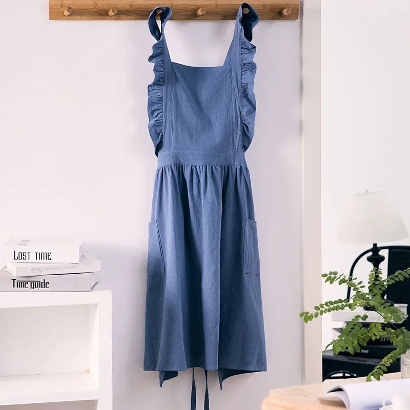 Japanese Korean Flouncing Kitchen Coffee Shop Working Falbala Apron kawaii Home Cotton Linen Pinafore with Lotus Leaf Lace