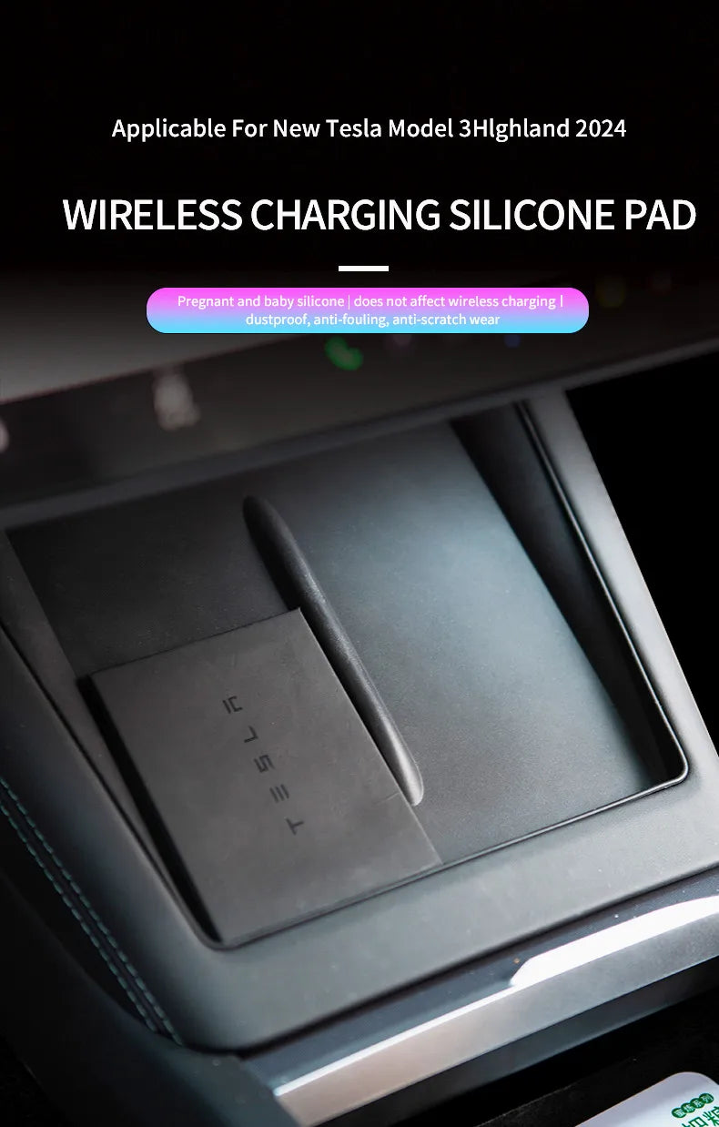 For Tesla Model 3 Highland 2024 Silicone Wireless Charger Pad Center Control Protector Non-slip Mat Car Interior Accessories
