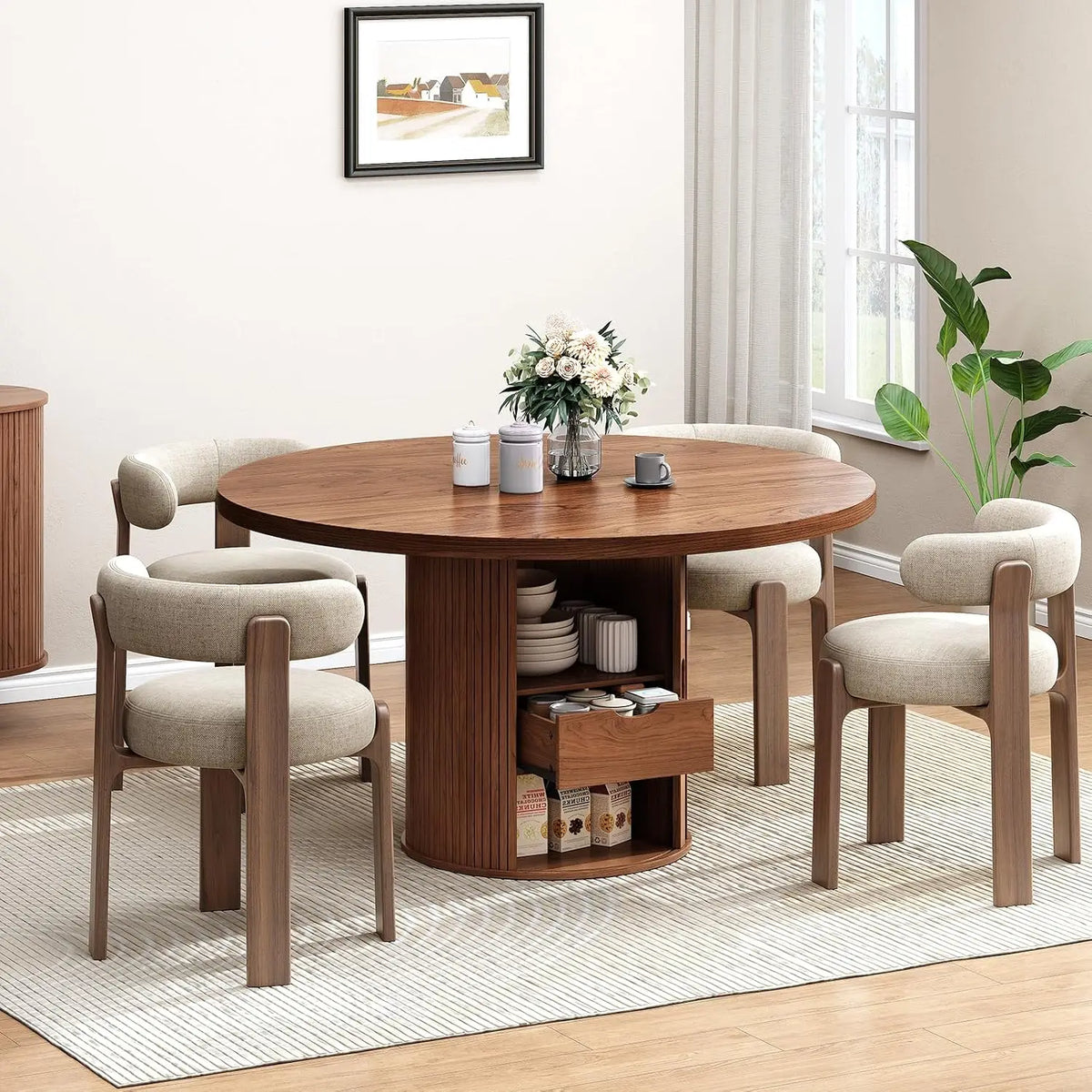 47-Inch Round Walnut Dining Table With Storage
