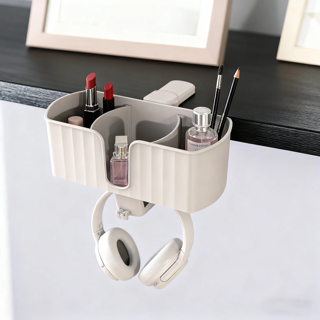 4-in-1 Desk Organizer - Under Desk Cup Holder and Headphone Hanger with 2 Wire Holes - Rotating Hanger，for Cup, Phone and Pen