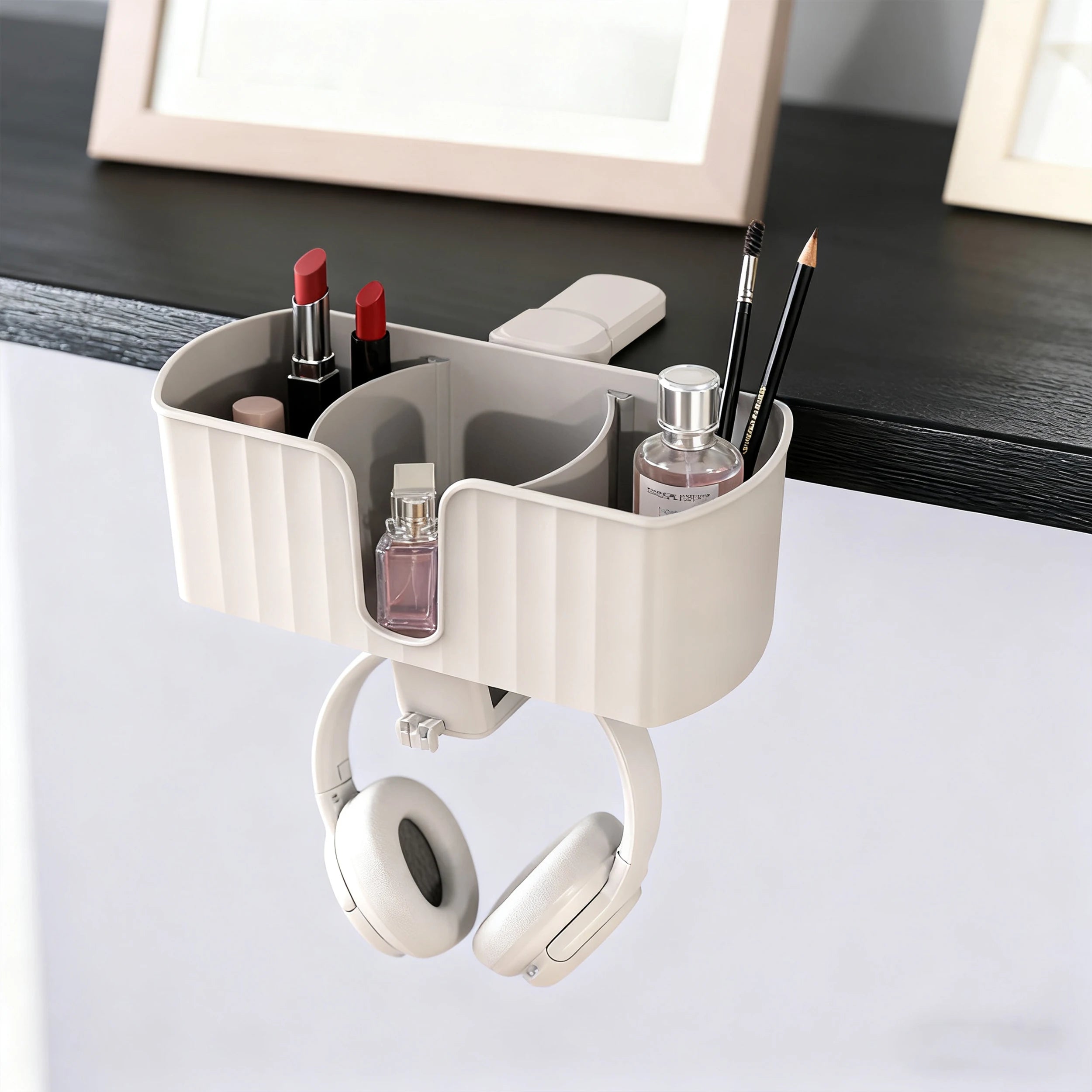 4-in-1 Desk Organizer - Under Desk Cup Holder and Headphone Hanger with 2 Wire Holes - Rotating Hanger，for Cup, Phone and Pen