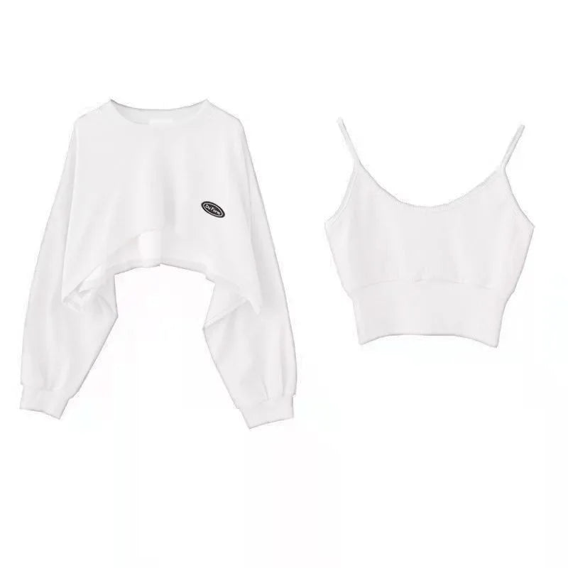 Oversized Crop Sweatshirt and Spaghetti Strap Top Women's Streetwear 2 Piece Set 4 Color Options Sweatshirts Kpop Casual Clothes