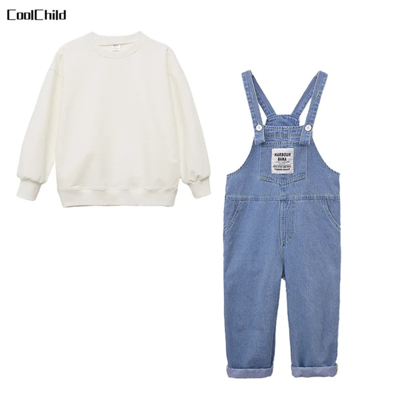 Boys Hip Hop Solid Sweatshirt Denim Loose Overalls Girls Crop Top Kids Dungaree Child Jumpsuit Street Dance Romper Streetwear