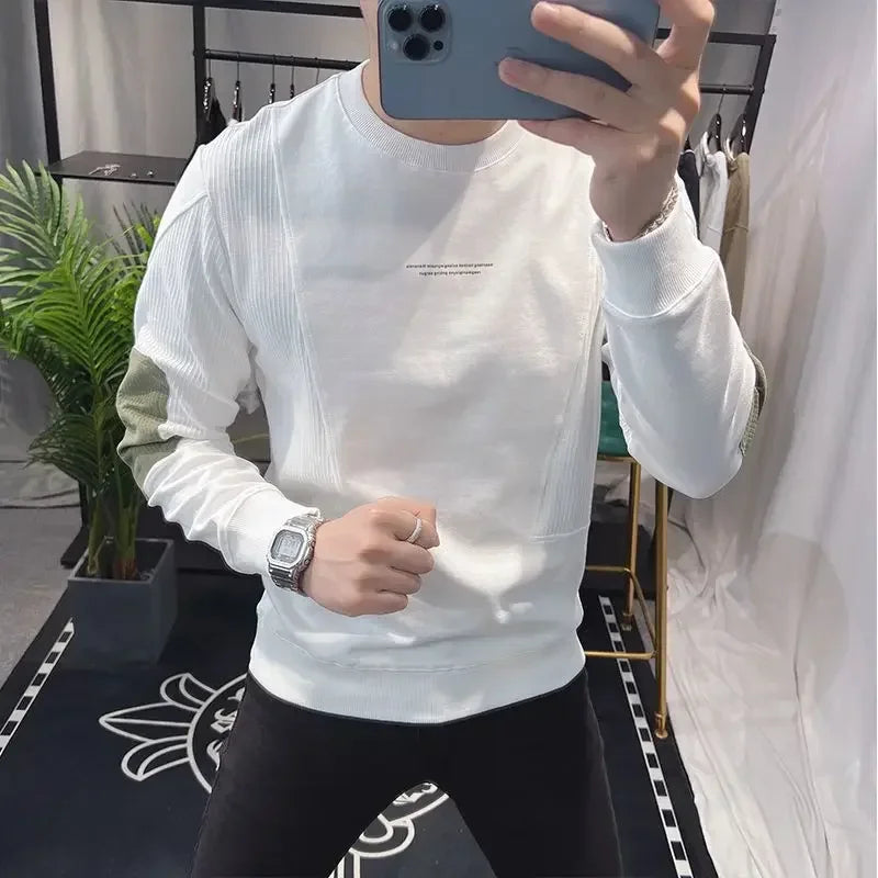 Slim Fit Black Hoodieless Sweatshirt for Men Round Neck Pullover White Male Clothes Crewneck Emo High Quality S Luxury Cheap Top