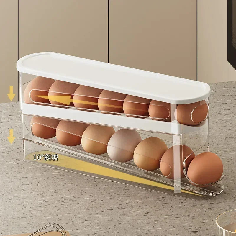 Bilayer Fridge Egg Storage Box Automatic Rolling Eggs Holder Rack Ladder Style Refrigerator Eggs Dispenser Egg Organizer Holder