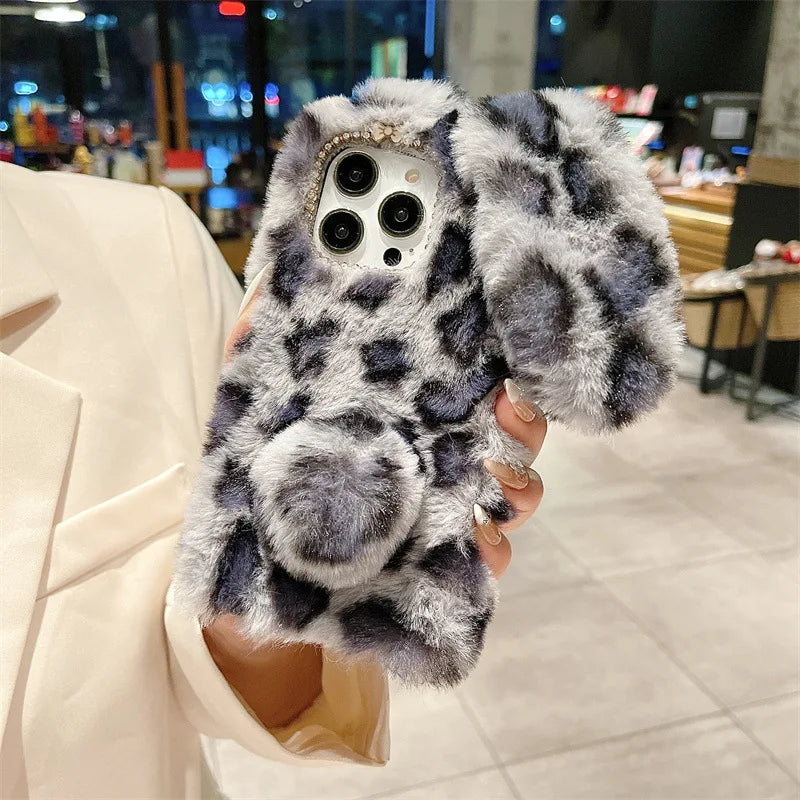 Cute Cartoon Leopard Print Bunny Fur Plush Phone Case For iPhone 17 Air 16 13 12 11 Pro Max XS XR X 7 8 Plus Shockproof Cover