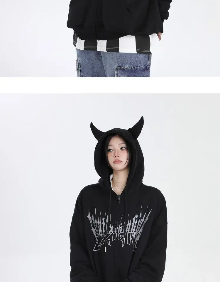 Japanese Zip Up Devil Horns Hoodies Women Harajuku Punk Gothic Sweatshirt Fairy Grunge Jacket Coat Streetwear Alt Emo Clothes