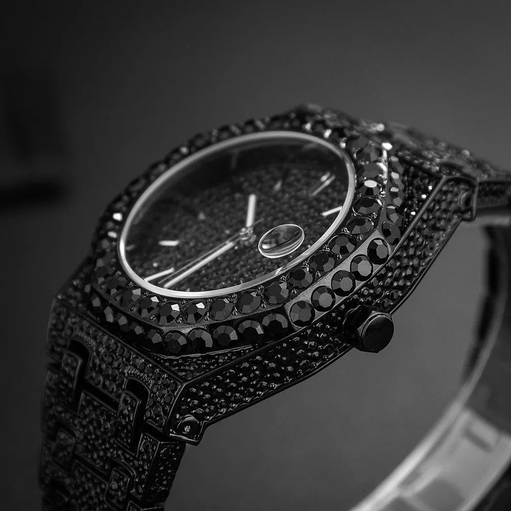 Iced-Out Black Rhinestone Men's Quartz Watch
