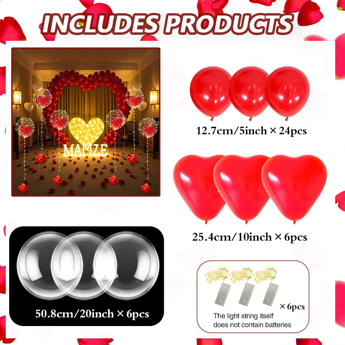 LED luminous light string (excluding battery) transparent bobo balloon red heart-shaped latex balloon luminous party decoration