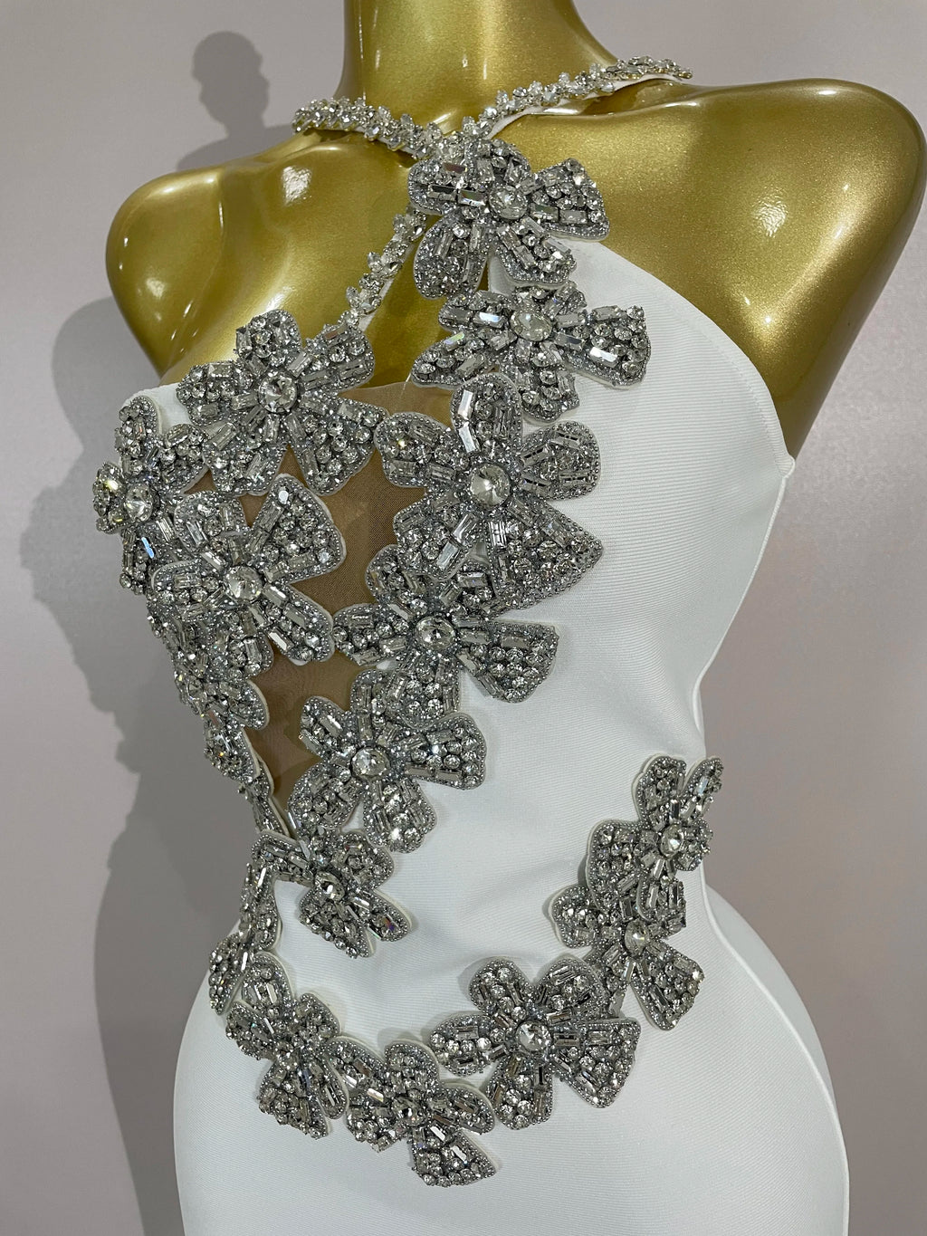 Sexy Backless Sparkly Crystal Diamonds White Bodycon Bandage Dress