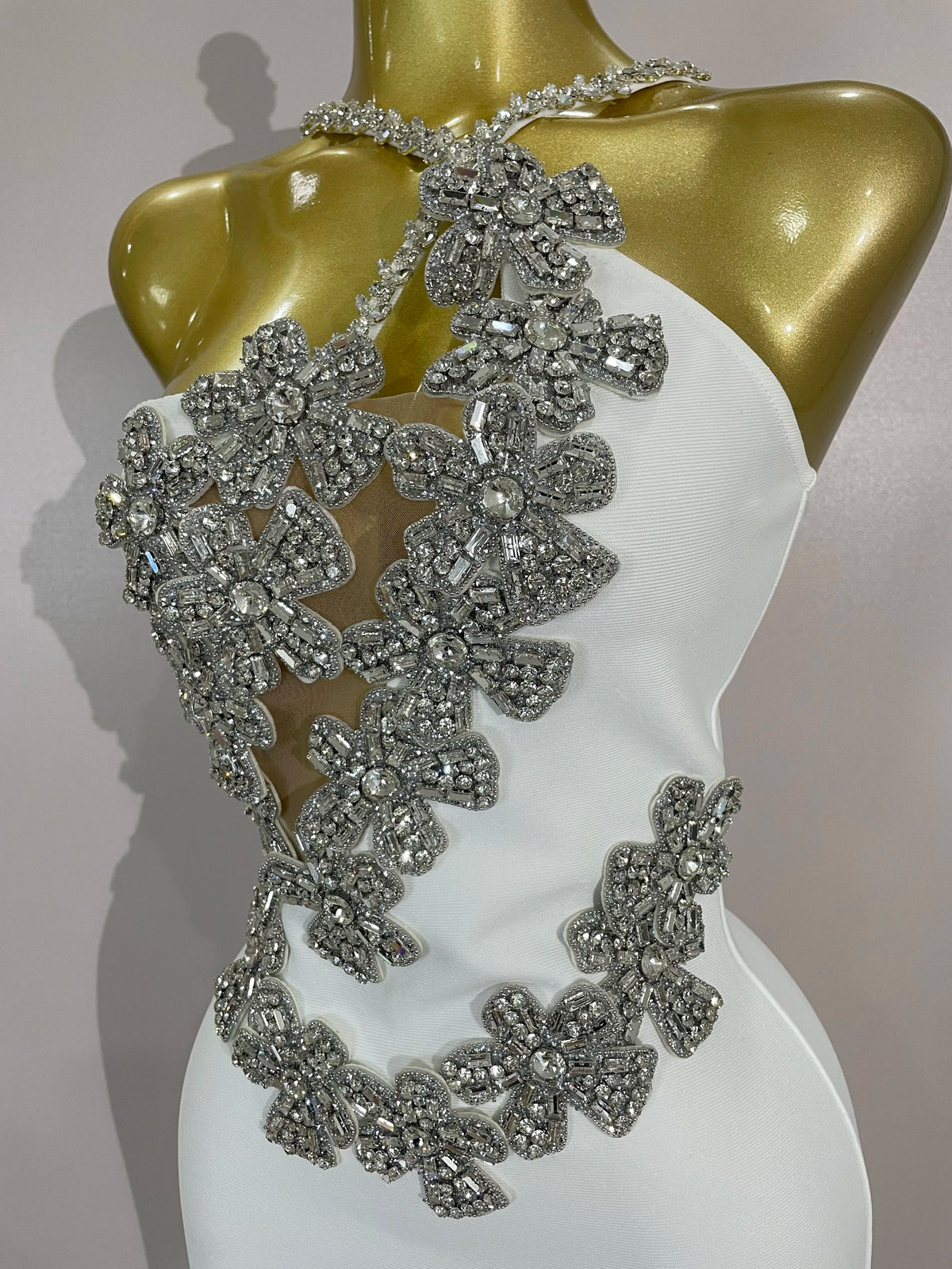 Sexy Backless Sparkly Crystal Diamonds White Bodycon Bandage Dress