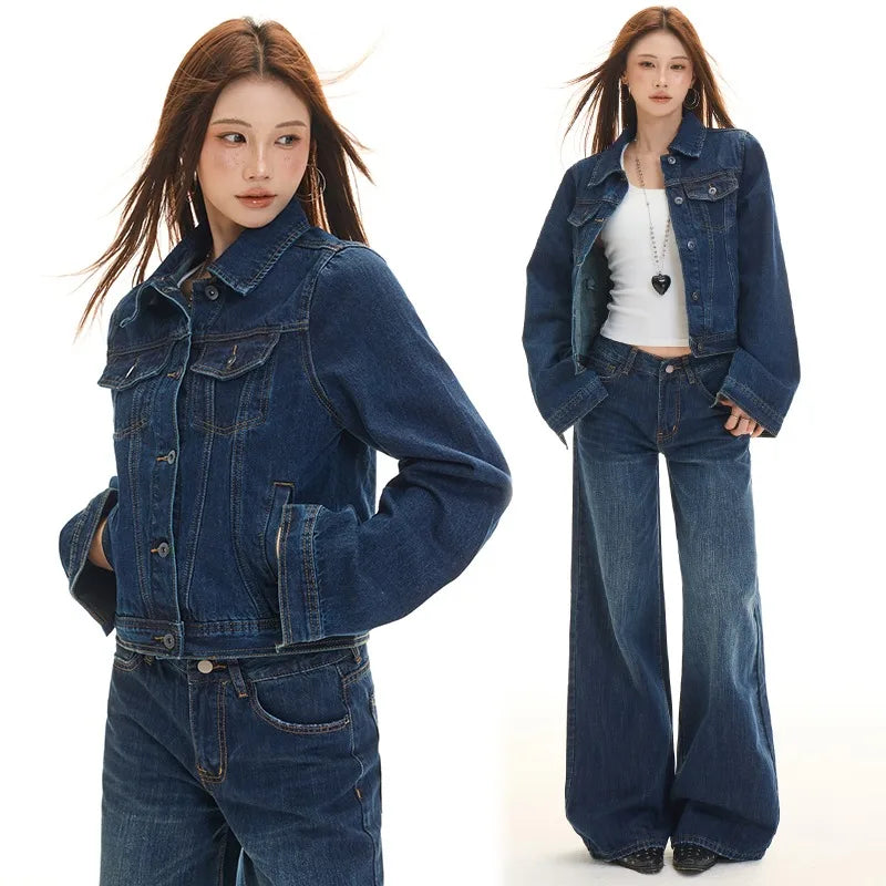 OIQERE Women Classic Dark Denim 2‑Piece Set Y2K Streetwear Lapel