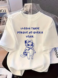 Cool Cat Spanish Slogan Graphic T-Shirt, Crew Neck Short Sleeve Top, Llegue Tarde Porque No Queria Venir Print,Daily Fashion Tee