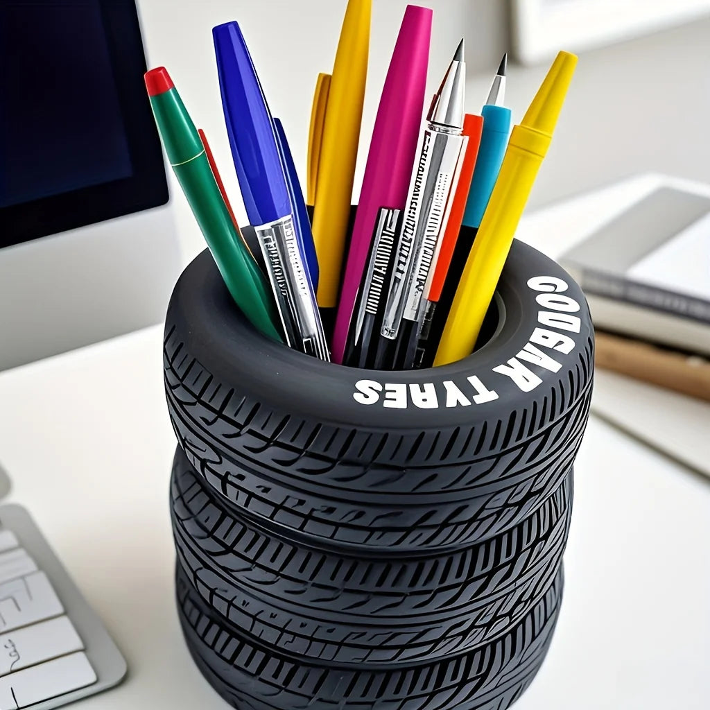 1pcs Fun Tire-Shaped Pen Holder -PVC Desk Organizer, Ideal for School and Office Supplies, Painted Finish, Office Supplies