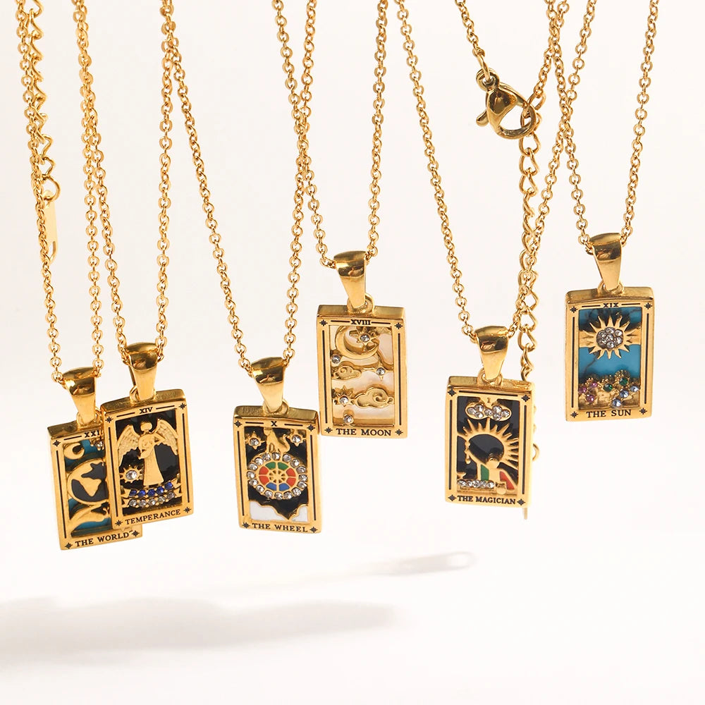 Tarot Charm Necklace, 18K Gold Plated Steel
