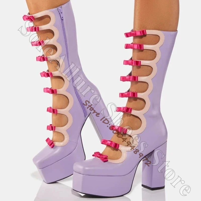 Hot Pink Bow Wavy Cutout Platform Knee High Boots Lilac Pastel