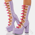 Hot Pink Bow Wavy Cutout Platform Knee High Boots Lilac Pastel