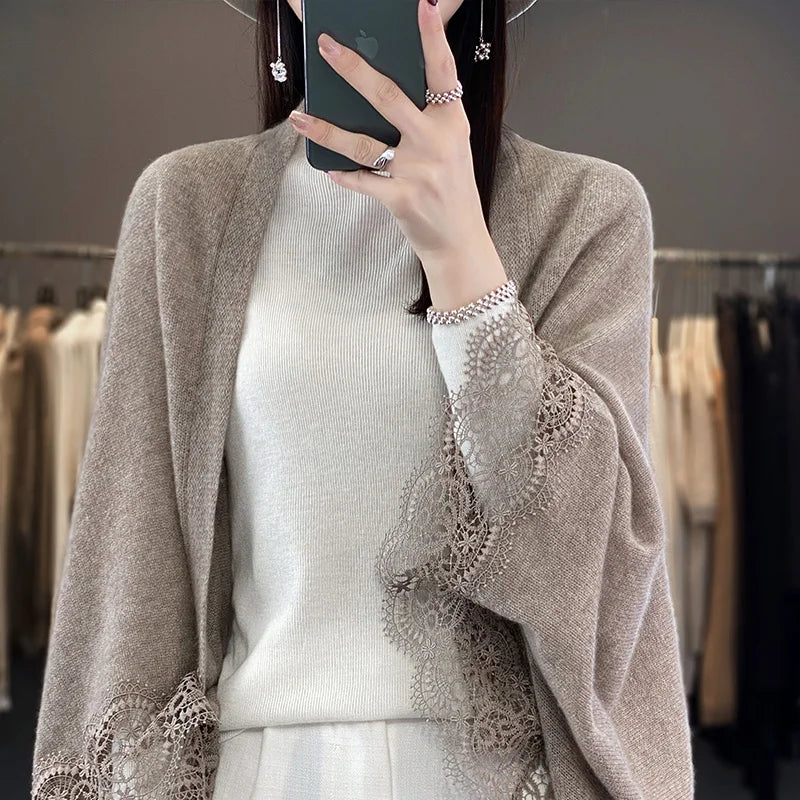 Popular Lace Edge 100% Wool Knitted Shawl Spring Autumn Thin Women's Soft, Skin friendly, Breathable, and Fashionable Cardigan