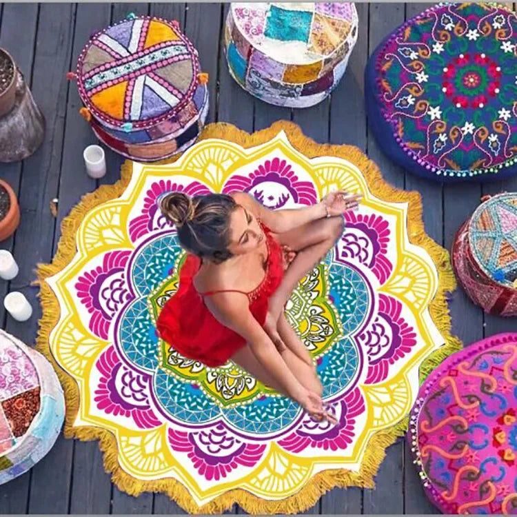 Yoga Mat Chakra Beach Towel Tassel Toalla Mandala Tapestry Sunblock Round Cover-Up Bath Towel Lotus Bohemian  150cm