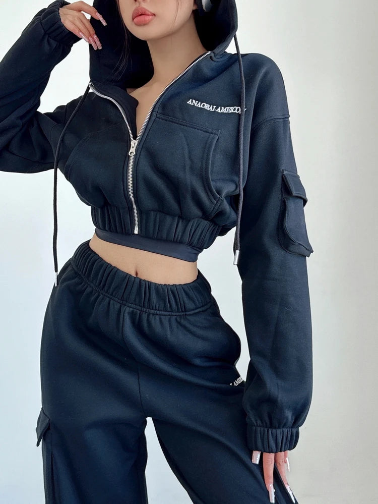 WOMENGAGA Short Zipper Sweatshirt Large Pocket Wide Leg Pants Two Piece Casual Plush Set For Winter Women Fashion Sweet 2PTB