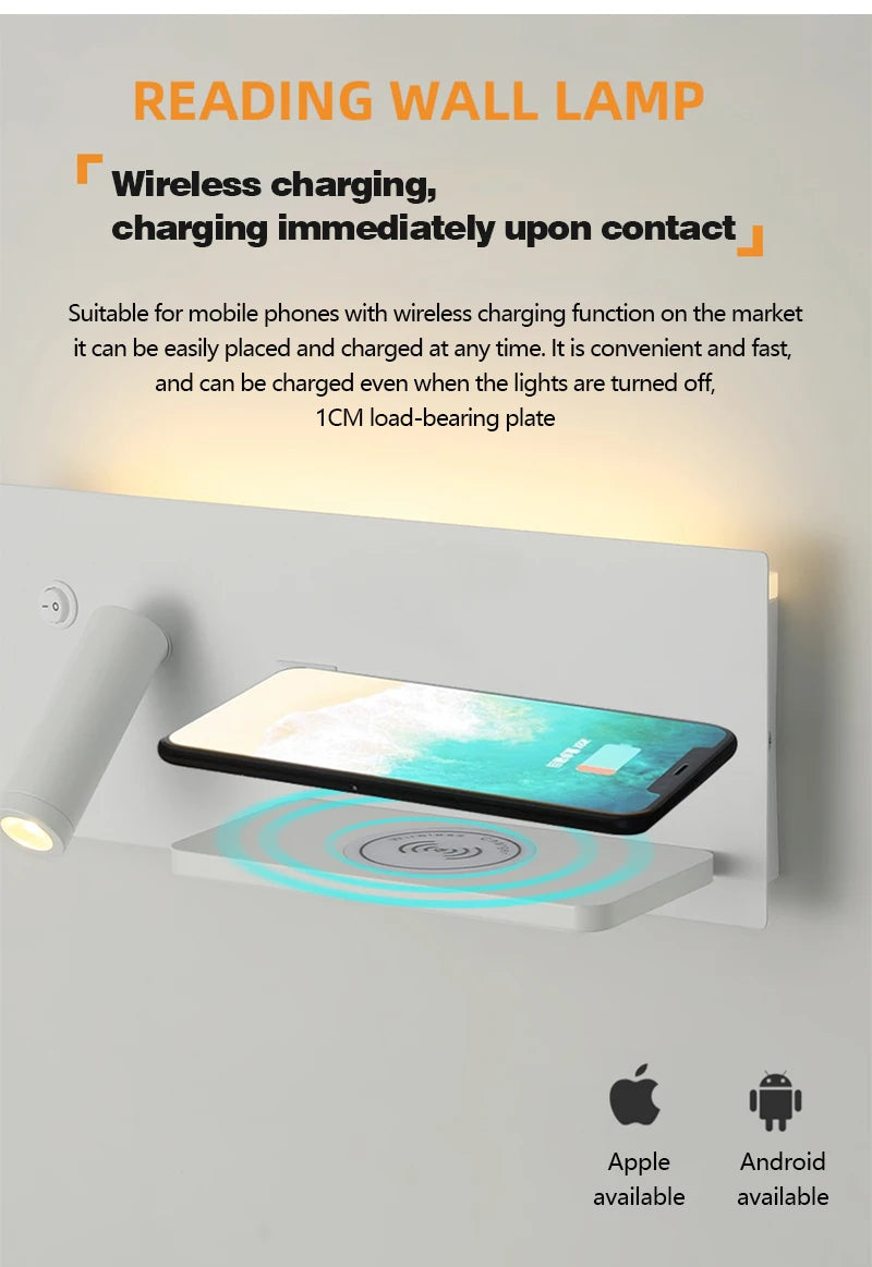 Multi Functional Wall lamp with Mobile phone Wireless charger switch USB interface Bedroom Night light LED Reading wall light