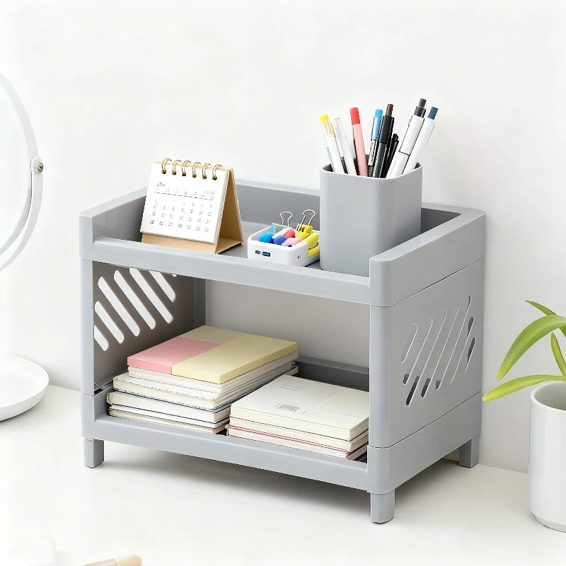 Office Desk Organizer, Double Layer Desktop Storage Rack for Stationery Supplies, Multifunctional Space Saving PP Material